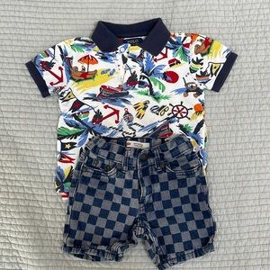 Bundle: RL Polo Shirt + Levi’s checker denim shorts 2T